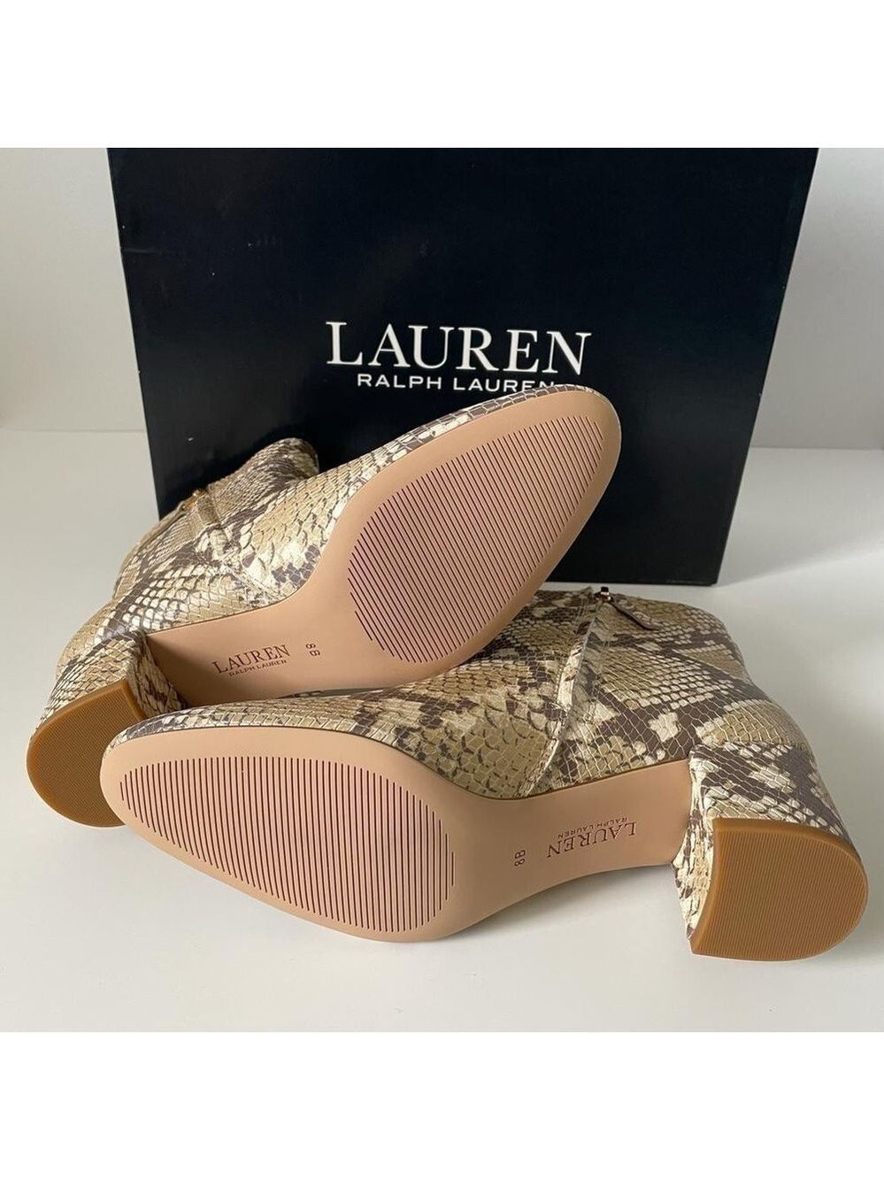 Nib Ralph Lauren Wynne II Python Embossed Leather Block Heel Booties Boots - Picture 15 of 16